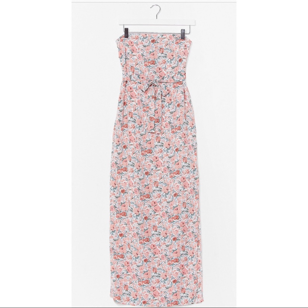 Floral strapless belted dress